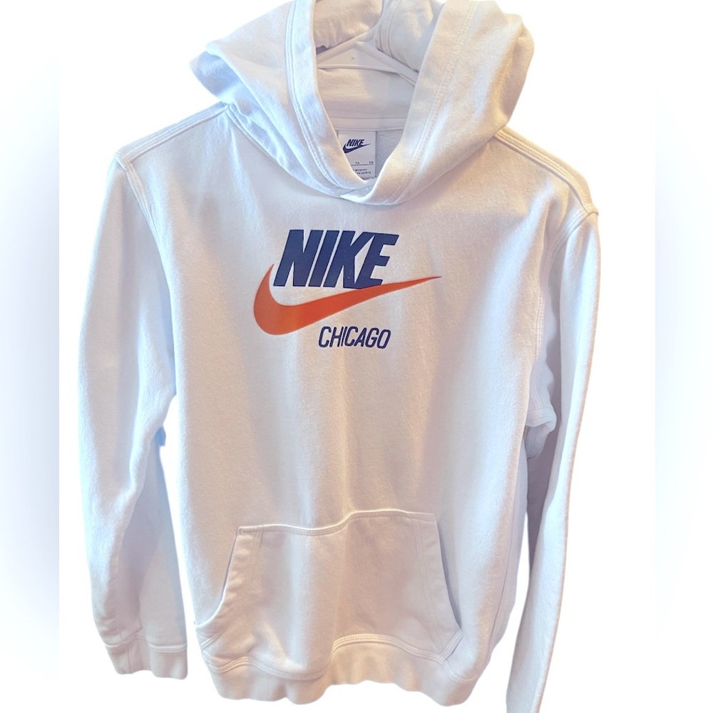 White Hoodie with an Orange Nike Swoosh and a Navy Nike & Chicago on Front. XL
